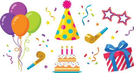 Birthday party celebration vector illustration set with colorful balloons birthday cake gift box party hat confetti and horns element © MdSazib