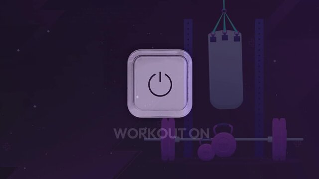 Glowing power button icon animation with Workout On text and gym equipment, symbolizing starting a modern fitness training session.