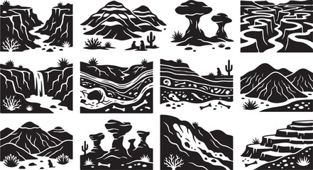 Set of twelve black and white desert landscape featuring canyons, mesas, rock formations, waterfalls, layered geological strata, fossils, cacti, and arid terrain in a bold style © MdAbu