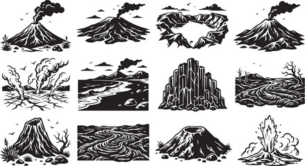 Set of twelve black and white featuring volcanic landscapes, erupting volcanoes, geothermal geysers, basalt columns, lava flows, and crater lakes in a bold woodcut style © MdAbu