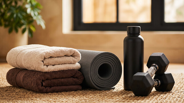Fitness equipment including a yoga mat, dumbbells, and towels on a textured surface with a water bottle nearby, creating a home workout or wellness concept