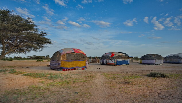 East Africa, Kenya, Kalacha. View of bulky yurts made of fabrics and skins of domestic animals among nomadic tribes of the rocky desert.
