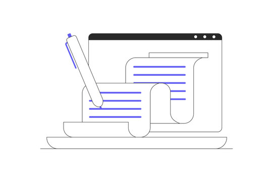 Digital Journalism Article Draft and Online Creative Writing Process. Digital Pen Writing Text Document Page on Laptop Screen. Flat Cartoon Vector Illustration, icon Stylish abstract design landing 