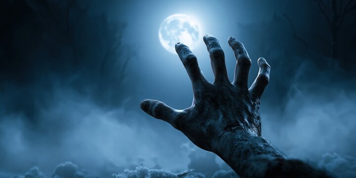 Creepy Zombie Hand Rising from Ground in Foggy Night Horror Halloween Background