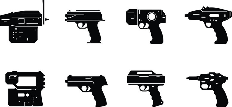 Set of Eight Futuristic Sci Fi Ray Gun Silhouettes with Retro Laser Pistol Designs Isolated on White Background Vector Collection