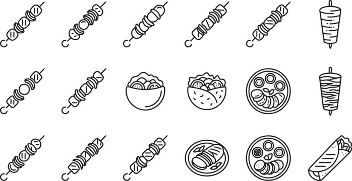 Set of linear icons featuring grilled meat skewers and traditional middle eastern food dishes in vector style