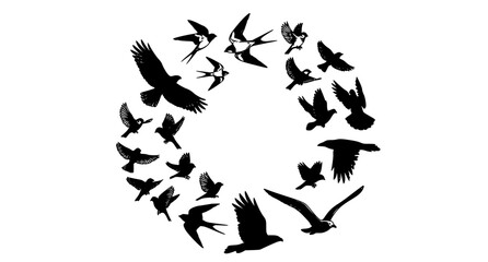 Fototapeta premium Hand Sketched Flying Birds Silhouette Collection Vector Set with Realistic Flight Poses Isolated on White Background
