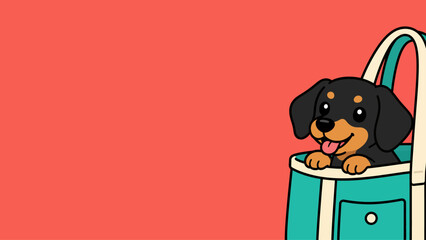 Cute puppy sitting in a stylish pet carrier bag cartoon illustration against a solid coral background for pet travel concepts