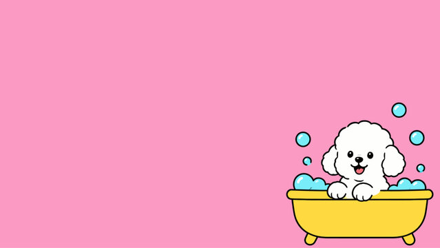 Cute cartoon white poodle puppy taking a bubble bath in a yellow tub on a pink background with copy space