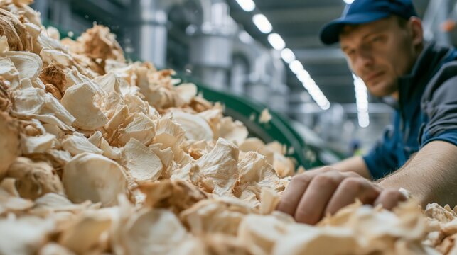Factory worker monitoring sugar beet pulp being processed through a cutter at a production line. Concept of sugar beet processing.