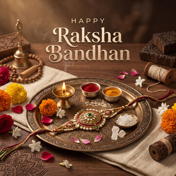 Traditional raksha bandhan ceremony ritual setup with decorative items with showcases intricately arranged ceremonial platter with candle decorative bangles