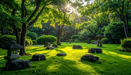 Fototapeta premium Serene garden with stone benches and lush greenery.