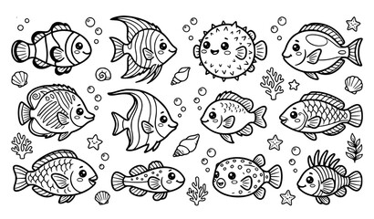Obraz premium Cute Kawaii Sea Fish Cartoon Character Coloring Page Vector Set for Kids