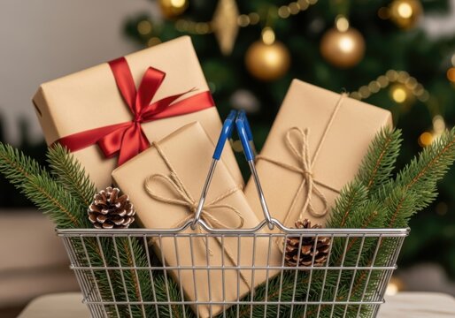 Shopping basket filled with christmas gifts