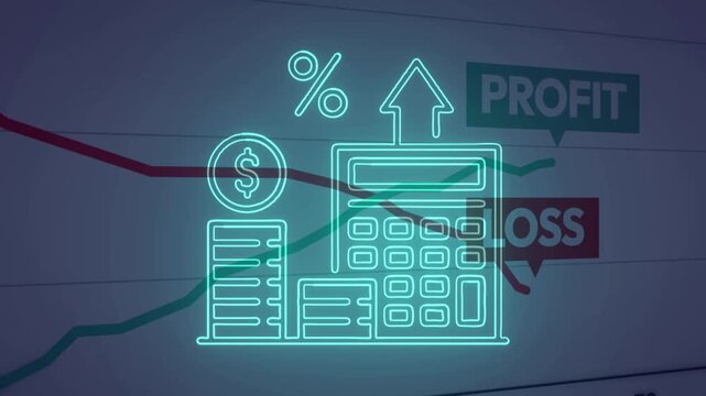 Neon animation of a calculator, coins, and percentage sign over a background showing a financial graph with profit and loss. Represents accounting and market analysis.