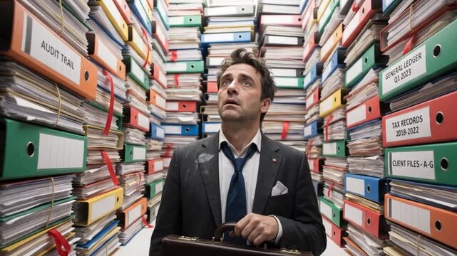 Businessman overwhelmed in towering canyon of audit binders and tax record files at office