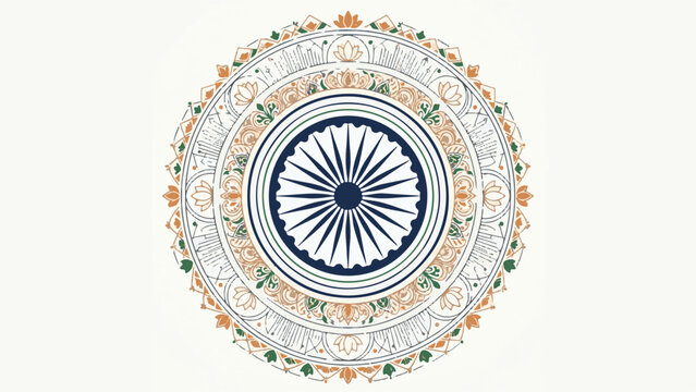 Detailed traditional Indian Ashoka Chakra flag emblem surrounded by ornate floral and geometric patterns in a circular frame.