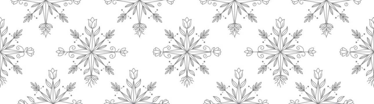 Seamless pattern with decorative floral snowflake motifs