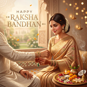 Traditional celebration of sister brother bonding ritual with ornate bracelet exchange with intricately designed room filled decorative elements festive offerings