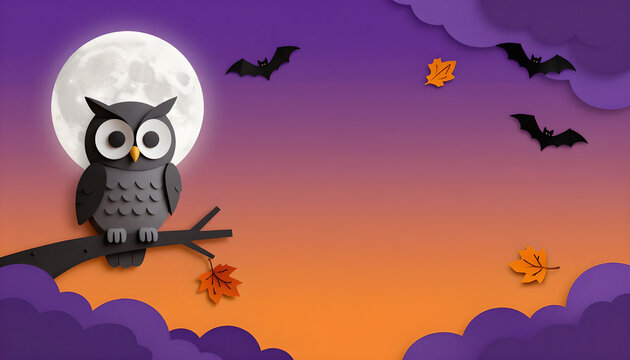 Halloween Papercut Background with Owl and Bats: Autumn Night Scene