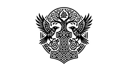 Obraz premium Norse Mythology Symbol: Tree of Life, Odin's Ravens, Mjolnir Hammer & Runes