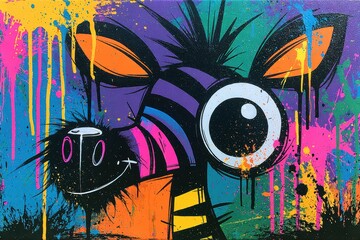 Obraz premium Abstract zebra character staring forward, urban graffiti style with vibrant paint splatters, drips