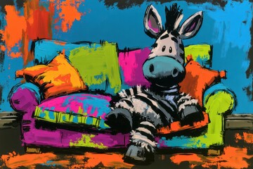 Obraz premium Zebra sitting on a colorful sofa, vibrant impasto oil painting, playful expressive character art