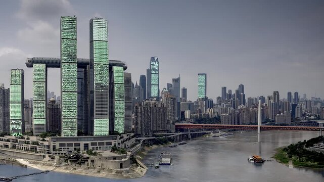 chongqing cyberpunk city with overlayed code and data on the buildings