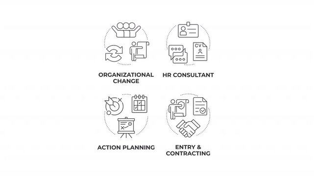 Organizational change management line concept icons animation set. Agile workforce alignment solutions. Animated outline round motion graphics. Minimal HD video pack with alpha channel