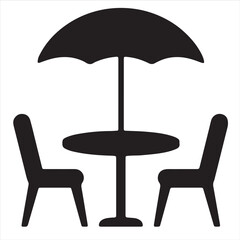 Fototapeta premium Outdoor Cafe Table with Umbrella Black Silhouette Vector Furniture Icon 
