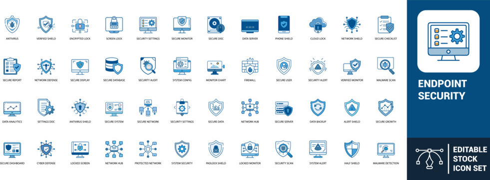 Endpoint security line art icons set antivirus, verified shield, encrypted lock, screen lock, security settings, secure monitor, cloud lock, Web icon, App icon, Outline icon, Editable stroke, line art