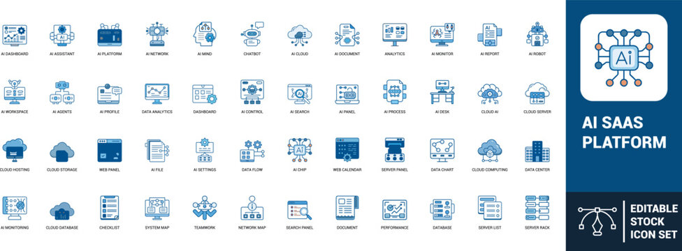 AI SaaS platform line art icons set ai dashboard, ai assistant, chatbot, ai network, analytics, cloud server, data center, ai robot, Web icon, App icon, Outline icon, Editable stroke, line art, Vector