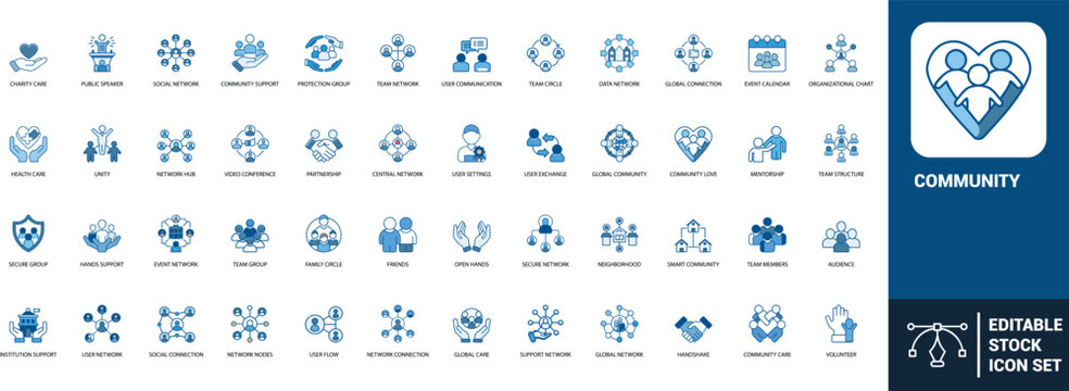Community social network line art icons set charity care, team network, user communication, team circle, data network, global, Web icon, App icon, Outline icon, Editable stroke, line art, Vector EPS