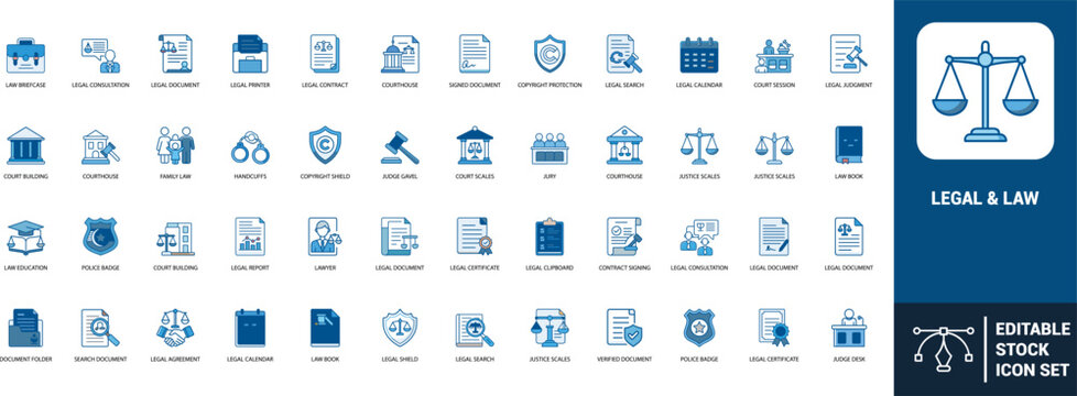 Legal law line art icons set courthouse, judge gavel, legal document, lawyer, justice scales, copyright protection, contract, handcuffs, police badge, Web icon, App icon, Outline icon, Editable stroke