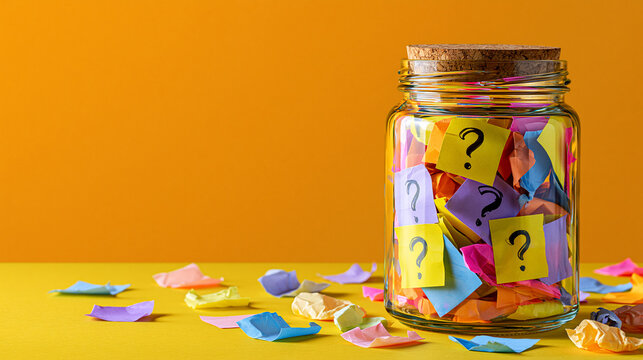 A glass jar filled with colorful sticky notes featuring question marks, with more scattered around it on a yellow background representing curiosity and FAQ.