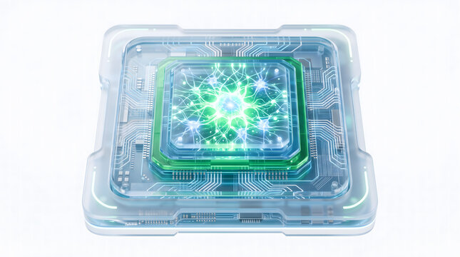 3D Glass CPU Microchip with Glowing Neural Network Nodes Representing AI Technology