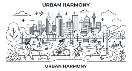 Obraz premium Urban Harmony city park skyline vector, people enjoying outdoor activities in public garden, black and white line art city landscape