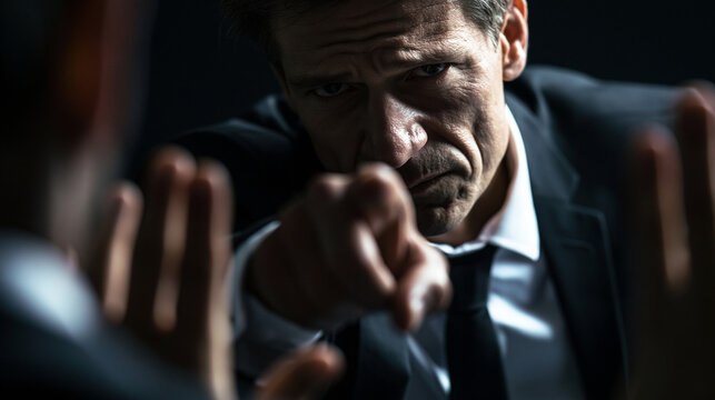 A mature businessman points accusingly forward, his expression intense and serious, in a dark, dramatic low-key office setting suggestive of an interrogation.