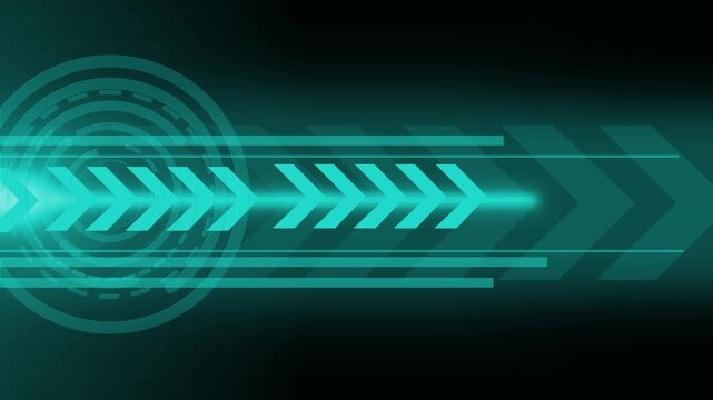 Abstract tech background with glowing arrows speed lines and circular interface design animation
