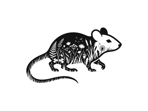 Floral mouse silhouette vector icon illustration with decorative wildflower and plant patterns inside the animal shape
