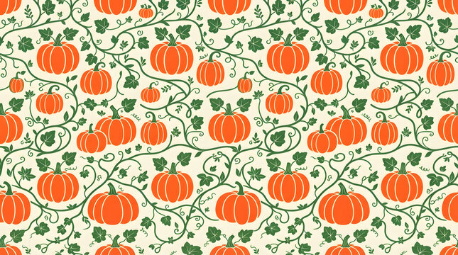Seamless halloween background pattern with orange pumpkins and green vines