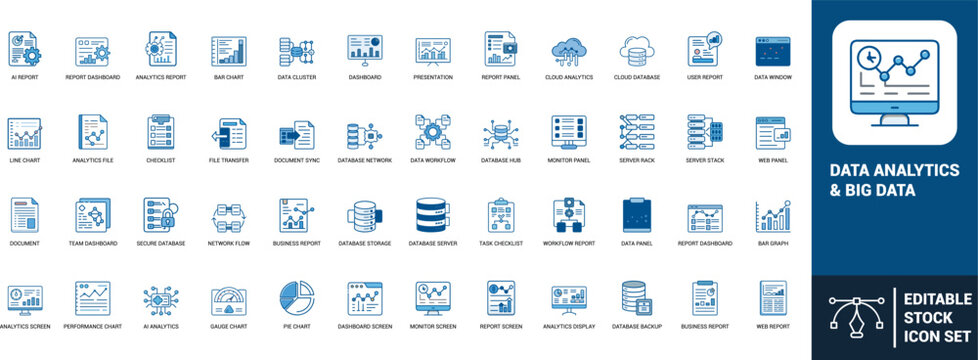 Data analytics big data line art icons set dashboard, bar chart, database, cloud analytics, performance chart, business report, workflow, Web icon, App icon, Outline icon, Editable stroke, line art, V