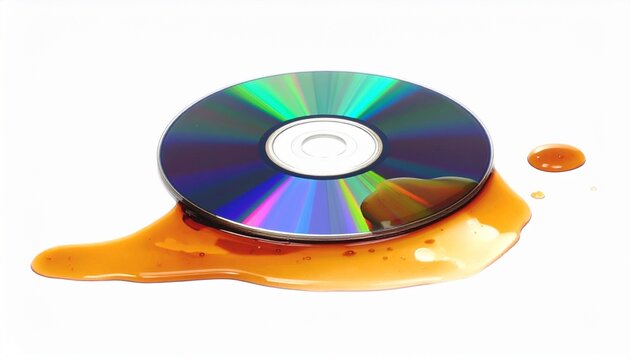 CD resting on a dirty chemical solution liquid, isolated on white background, center alignment, everything in focus, 