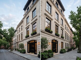 Fototapeta premium Split view of white corner townhouse exterior with black doors