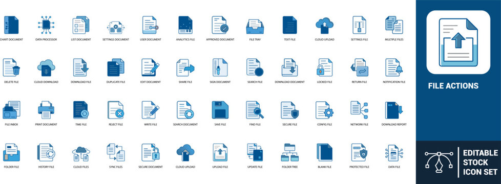 File actions line art icons set upload file, download file, delete file, share file, cloud upload, secure file, edit document, save file, Web icon, App icon, Outline icon, Editable stroke, line art, V