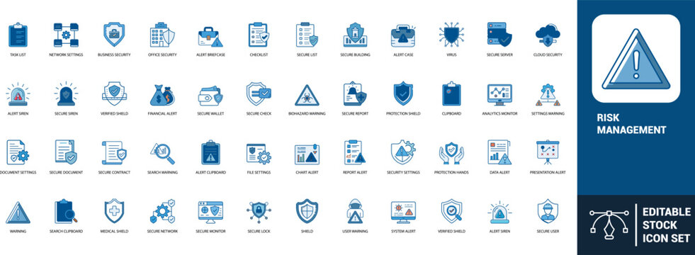 Risk management line art icons set warning, shield, security, alert, virus, protection, biohazard, financial alert, secure server, cloud security, Web icon, App icon, Outline icon, Editable stroke, li