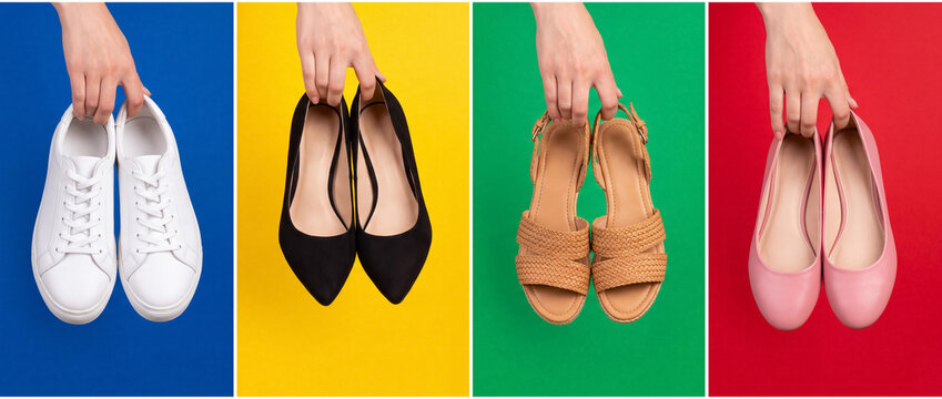 Hands holding different female shoes like sneakers, heels, sandals, and flats, presented against a vibrant four panel backdrop