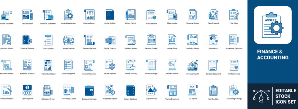 Finance accounting line art icons set invoice document, tax calculator, financial statement, asset management, expense report, budget planner, Web icon, App icon, Outline icon, Editable stroke, line a