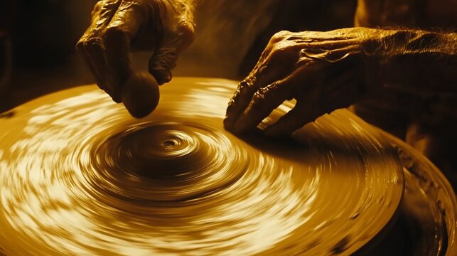 The art of pottery, aged hands shaping clay with precision on spinning wheel