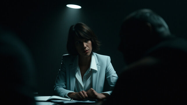 A female detective in a blue blazer interviews a person of interest across a table in a dark, dimly lit police interrogation room with dramatic overhead light.